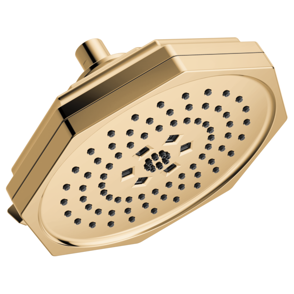 Polished gold square shower head with multiple spray jets and adjustable arm connection.