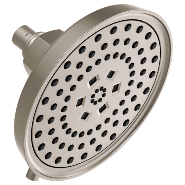 Round brushed nickel shower head with multiple spray holes and small square pattern in center.