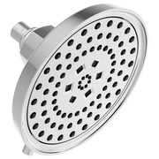 Chrome round shower head with multiple spray holes and rectangular jet ports arranged in circular pattern.