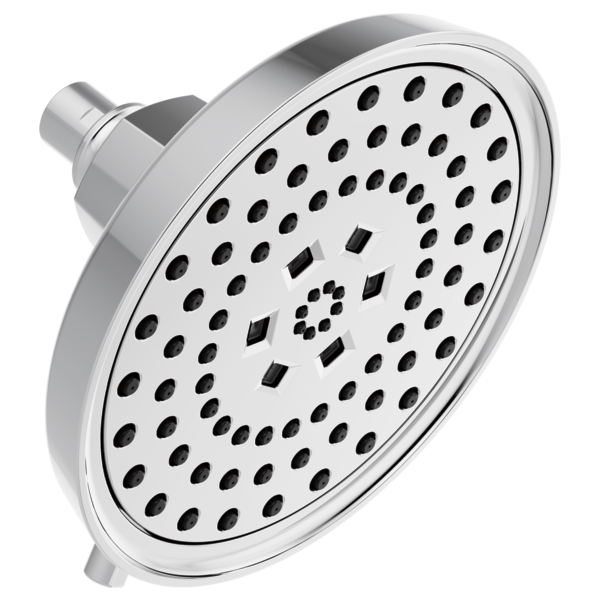 Chrome round shower head with multiple spray holes and rectangular jet ports arranged in circular pattern.