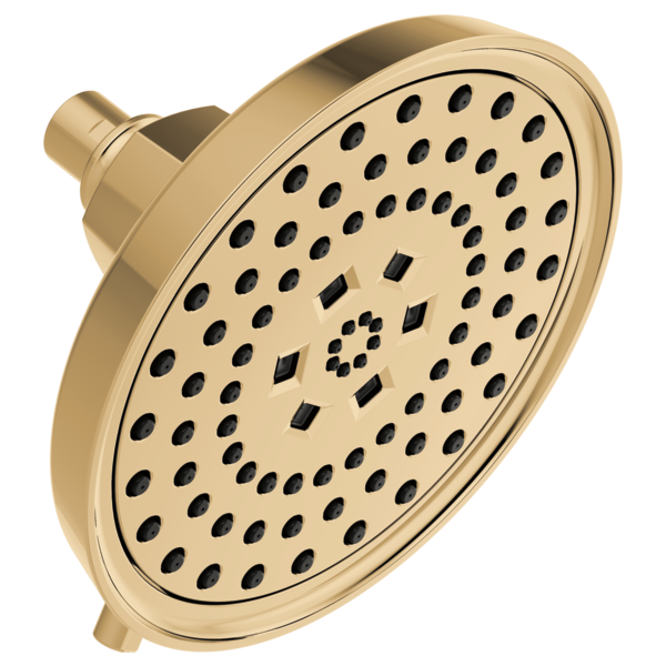 Champagne bronze round shower head with multiple spray holes and rectangular jet openings.