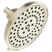 Polished nickel round shower head with multiple spray holes and rectangular jet pattern in center.