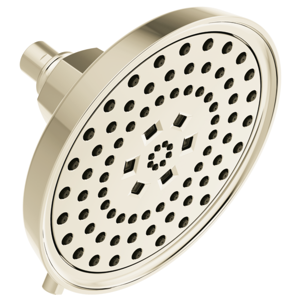 Polished nickel round shower head with multiple spray holes and rectangular jet pattern in center.