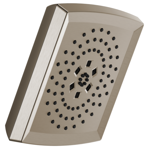 Square taupe shower head with multiple spray jets arranged in circular pattern and chrome accent edge.