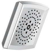 Square chrome shower head with multiple spray jets arranged in circular pattern and rectangular accent details in center.