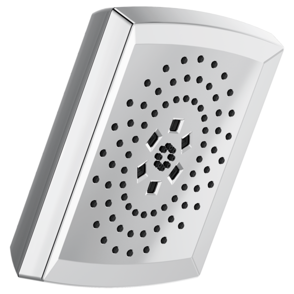 Square chrome shower head with multiple spray jets arranged in circular pattern and rectangular accent details in center.