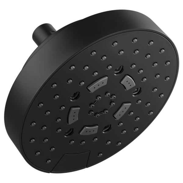 Round black wall-mount shower head with multiple spray jets and arm connection.