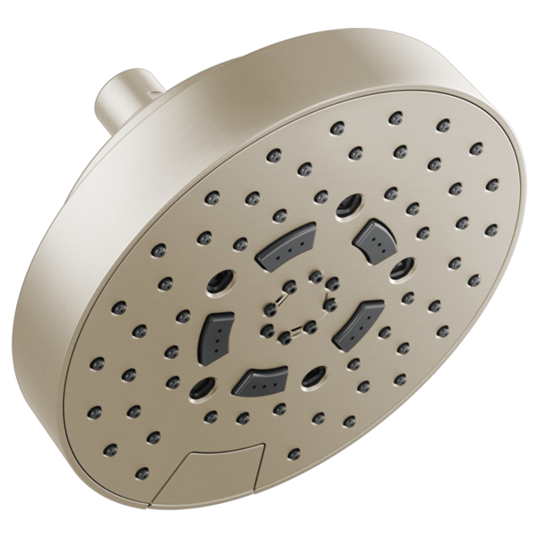 Round brushed nickel shower head with multiple spray jets and control settings mounted on curved arm.