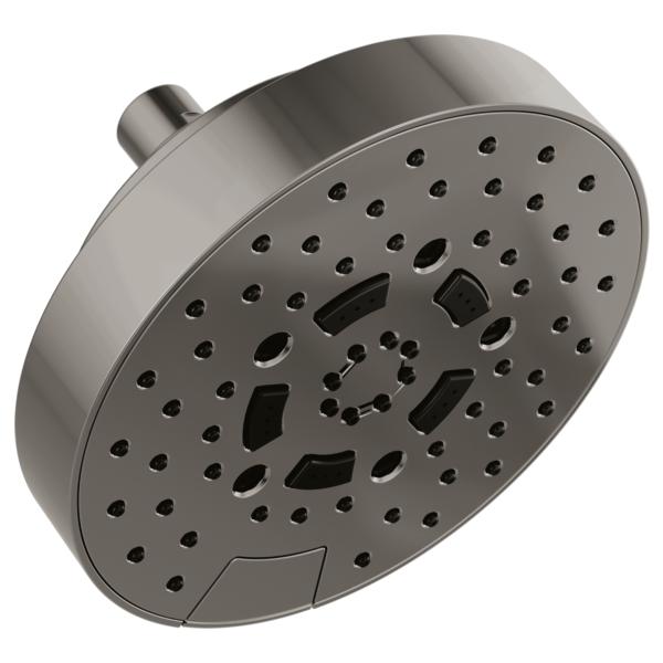 Round brushed nickel shower head with multiple spray jets and control settings on face.