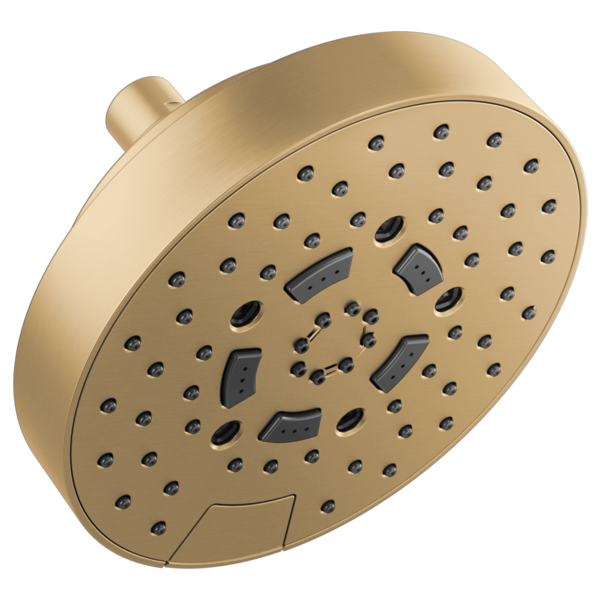 Round brass shower head with multiple spray holes and dark gray multi-function jet nozzles, wall-mounted with cylindrical arm