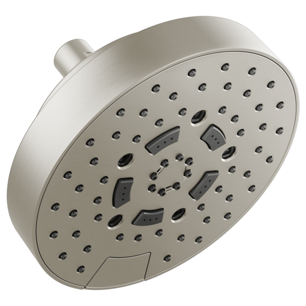 Brushed nickel round shower head with multiple spray nozzles and control zones on face, wall-mounted with connector arm.
