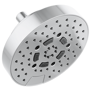 Round chrome shower head with multiple spray ports and dark control buttons mounted on cylindrical arm.