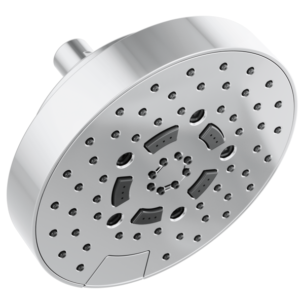 Round chrome shower head with multiple spray ports and dark control buttons mounted on cylindrical arm.