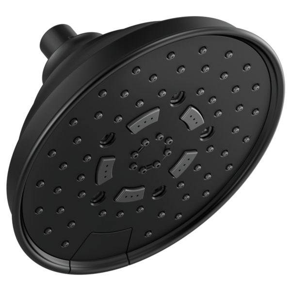 Black round wall-mount shower head with multiple spray jets and adjustment settings.
