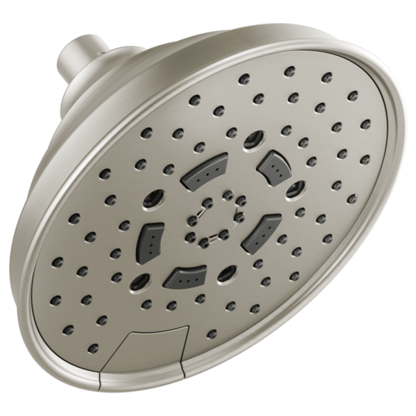 Brushed nickel round shower head with multiple spray jets and adjustment settings.