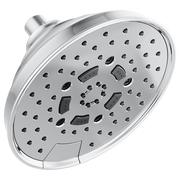 Round chrome shower head with multiple spray nozzles and adjustable jet ports, wall-mounted with connector arm.