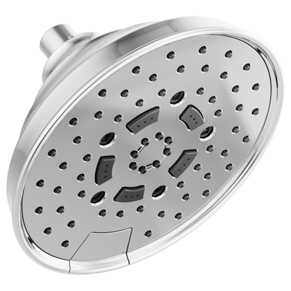 Round chrome shower head with multiple spray nozzles and adjustable jet ports, wall-mounted with connector arm.