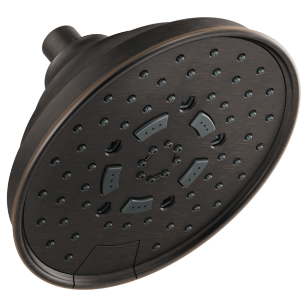 Dark bronze round wall-mount shower head with multiple spray jets and adjustment settings.