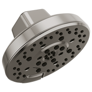 Round black showerhead with multiple spray holes and curved mounting arm in brushed metal finish.