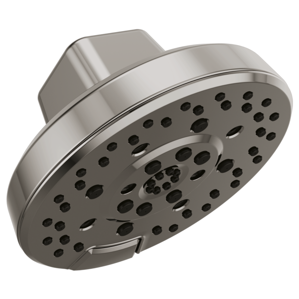 Round black showerhead with multiple spray holes and curved mounting arm in brushed metal finish.