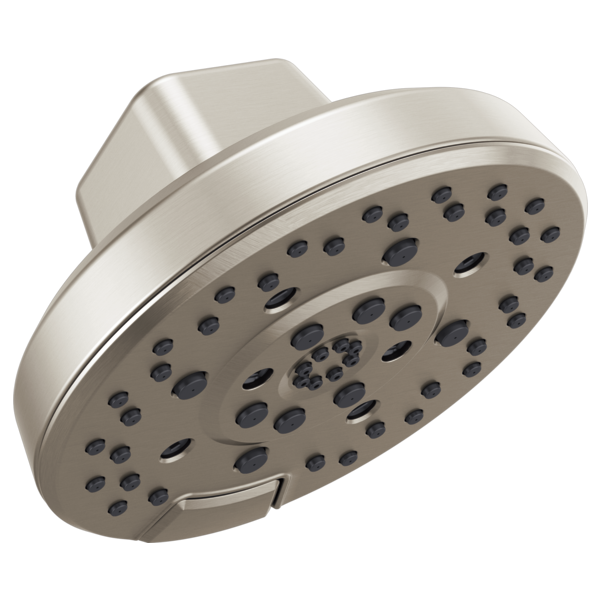 Round brushed nickel shower head with multiple spray holes and rectangular arm mount.