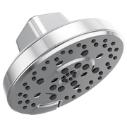 Chrome round shower head with multiple spray holes and angled mount connector.