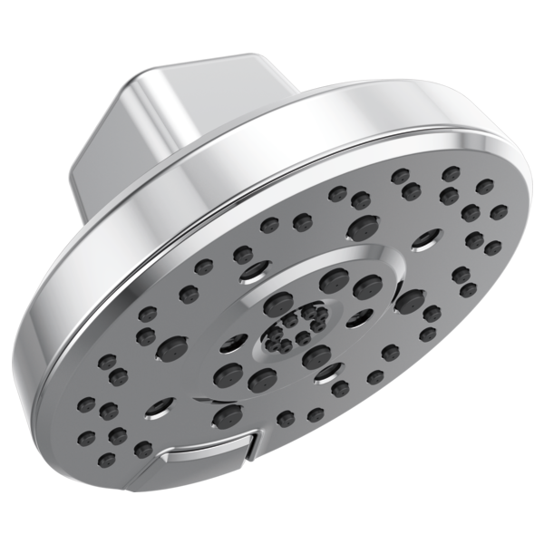 Chrome round shower head with multiple spray holes and angled mount connector.