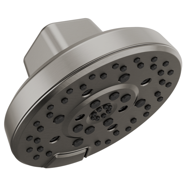 Chrome round shower head with multiple spray holes and adjustable arm connector.
