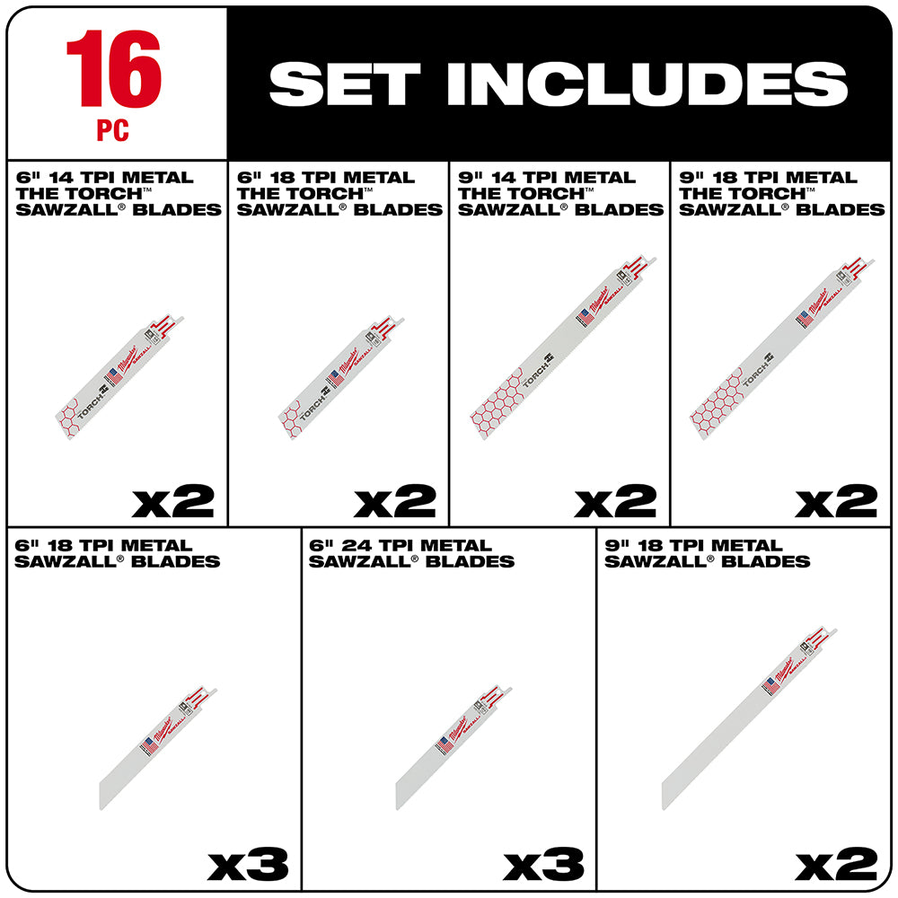 Sixteen metal cutting sawzall blades in various sizes and tooth counts displayed in a product set breakdown.