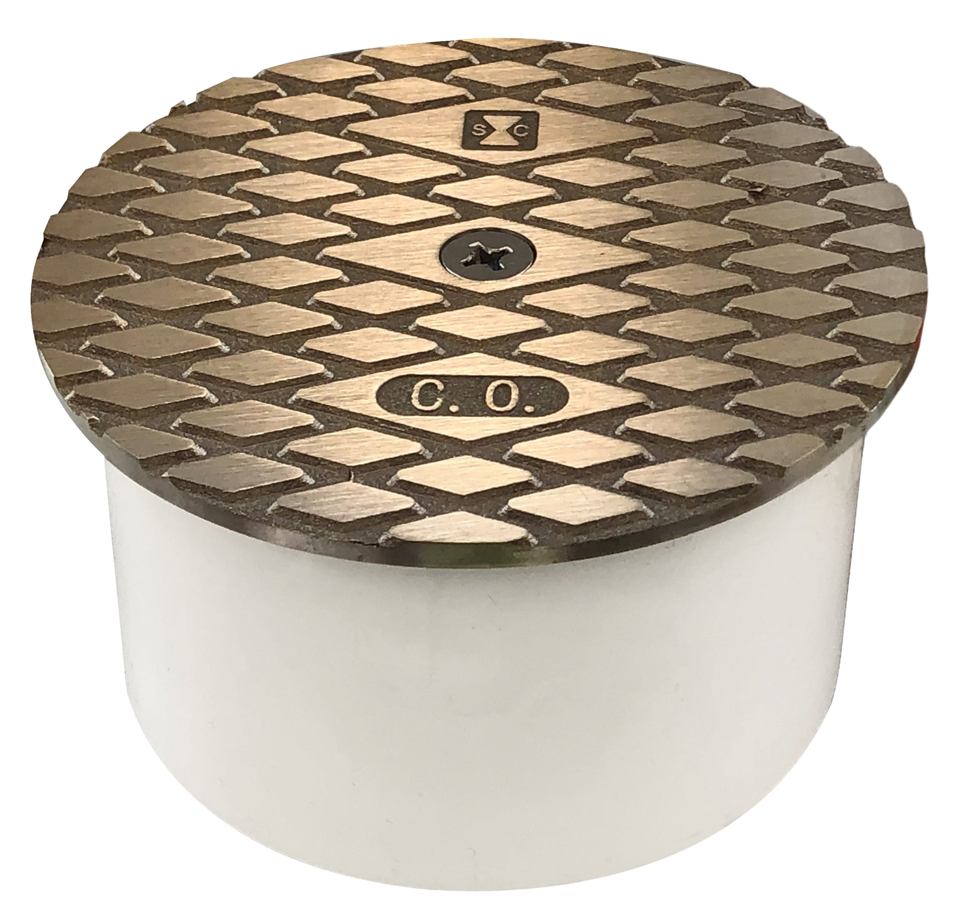 Nickel bronze PVC cleanout fitting with textured cover marked "C.O." and white cylindrical body.