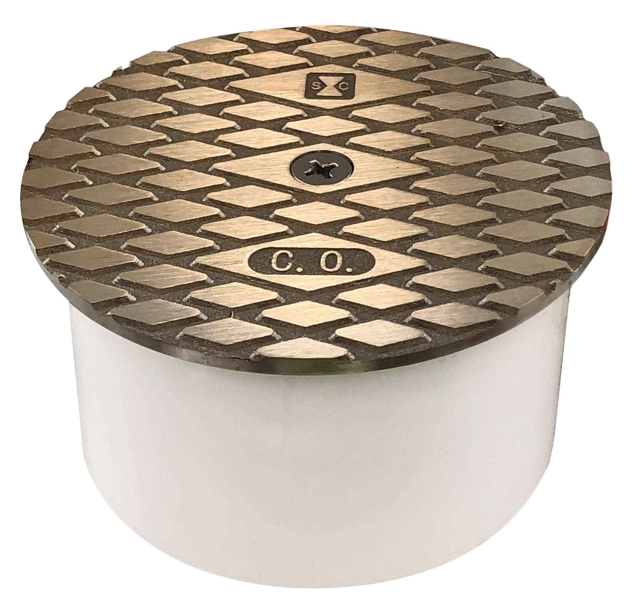 Nickel bronze PVC cleanout fitting with textured cover marked "C.O." and white cylindrical body.