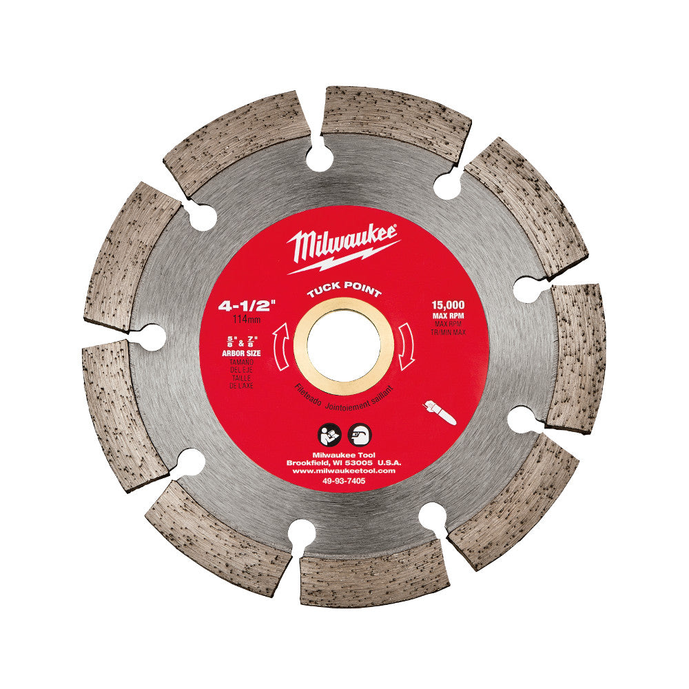 Milwaukee 4-1/2" tuck point segmented diamond blade with red center label and tan diamond segments around gray metal disc.