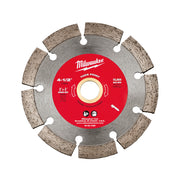 Milwaukee 4-1/2" tuck point segmented diamond blade with red center label and tan diamond segments around gray metal disc.
