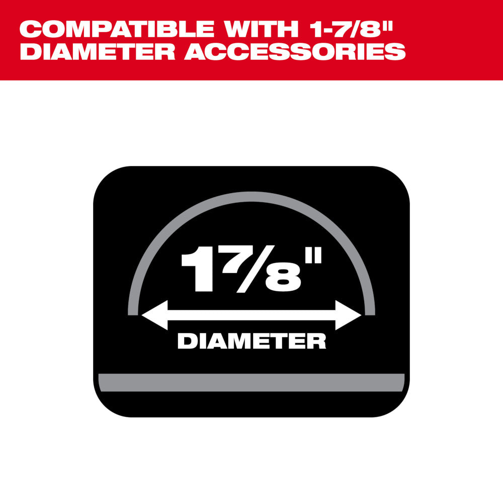 Black and gray icon showing 1-7/8" diameter measurement with arrows and text indicating hose diameter compatibility.