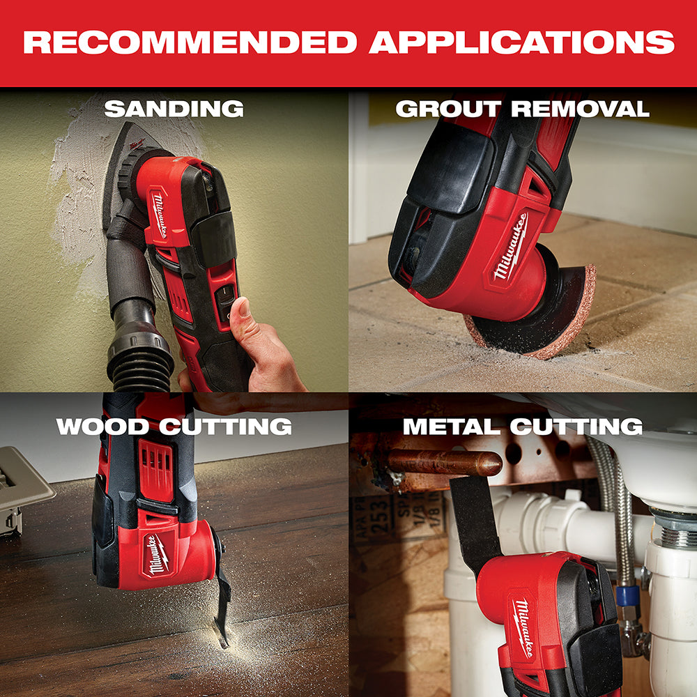 Red and black Milwaukee M18 multi-tool shown in four applications: sanding drywall, removing grout, cutting wood, and cutting