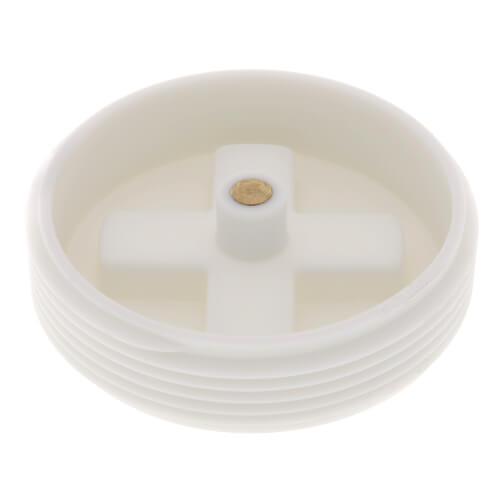 White plastic flush plug with slotted center post and brass threaded insert visible on top.