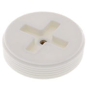White plastic flush plug with cross-shaped slot on top and threaded brass insert in center.
