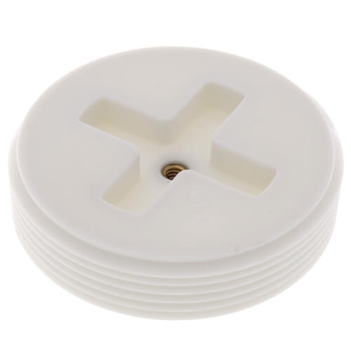White plastic flush plug with cross-shaped slot on top and threaded brass insert in center.