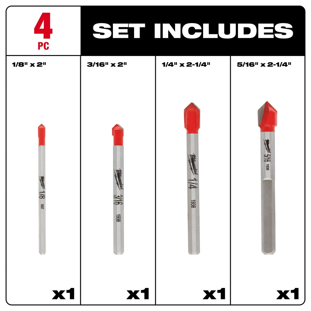 Four glass and tile drill bits with red carbide tips and gray shanks in varying sizes.