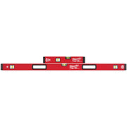 Two red Milwaukee REDSTICK box levels, one 16-inch and one 48-inch, with bubble vials and handles displayed together.