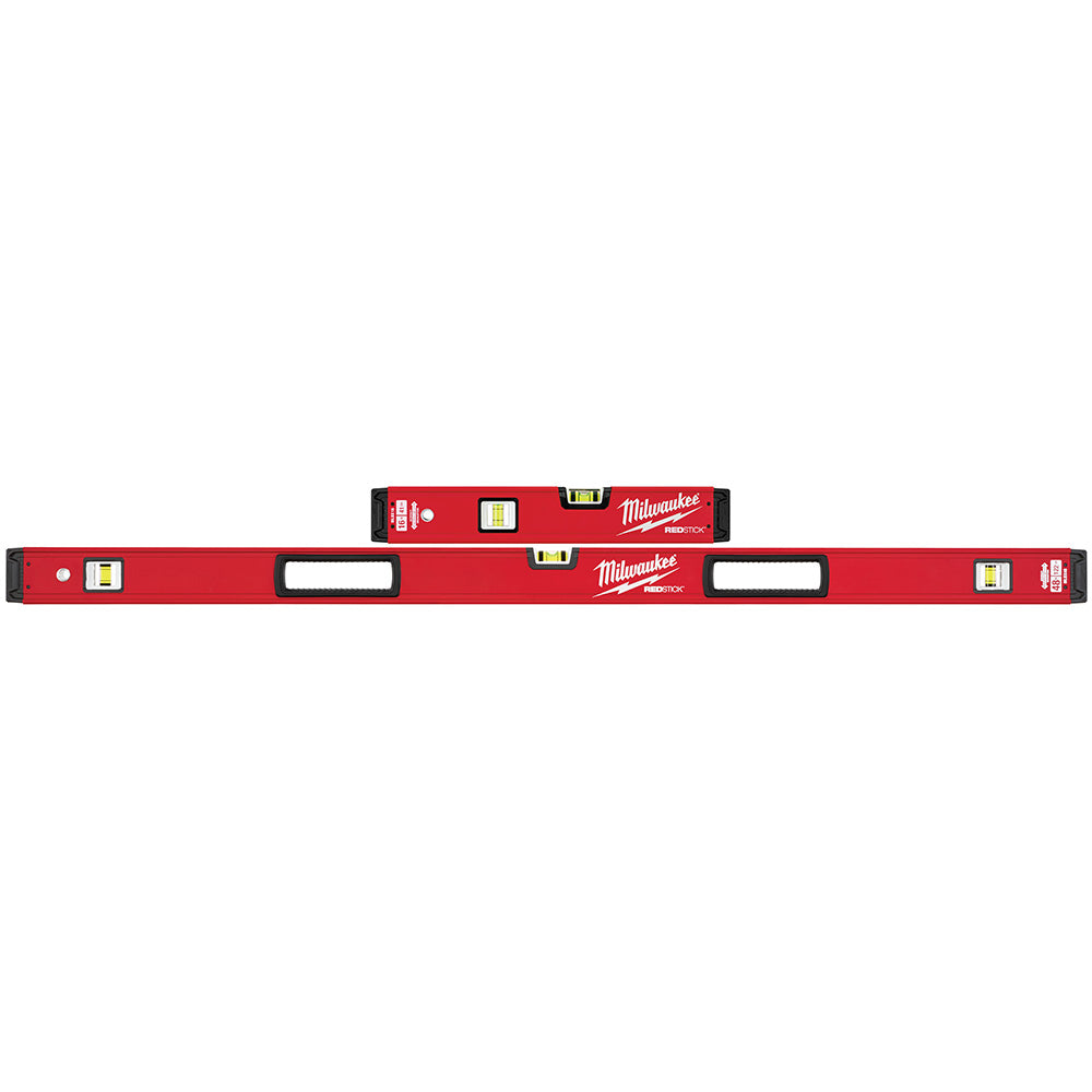 Two red Milwaukee REDSTICK box levels, one 16-inch and one 48-inch, with bubble vials and handles displayed together.