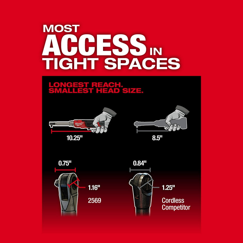 Milwaukee M12 FUEL ratchet shown in hand at 10.25" length with 0.75" head width, compared to competitor model specifications 