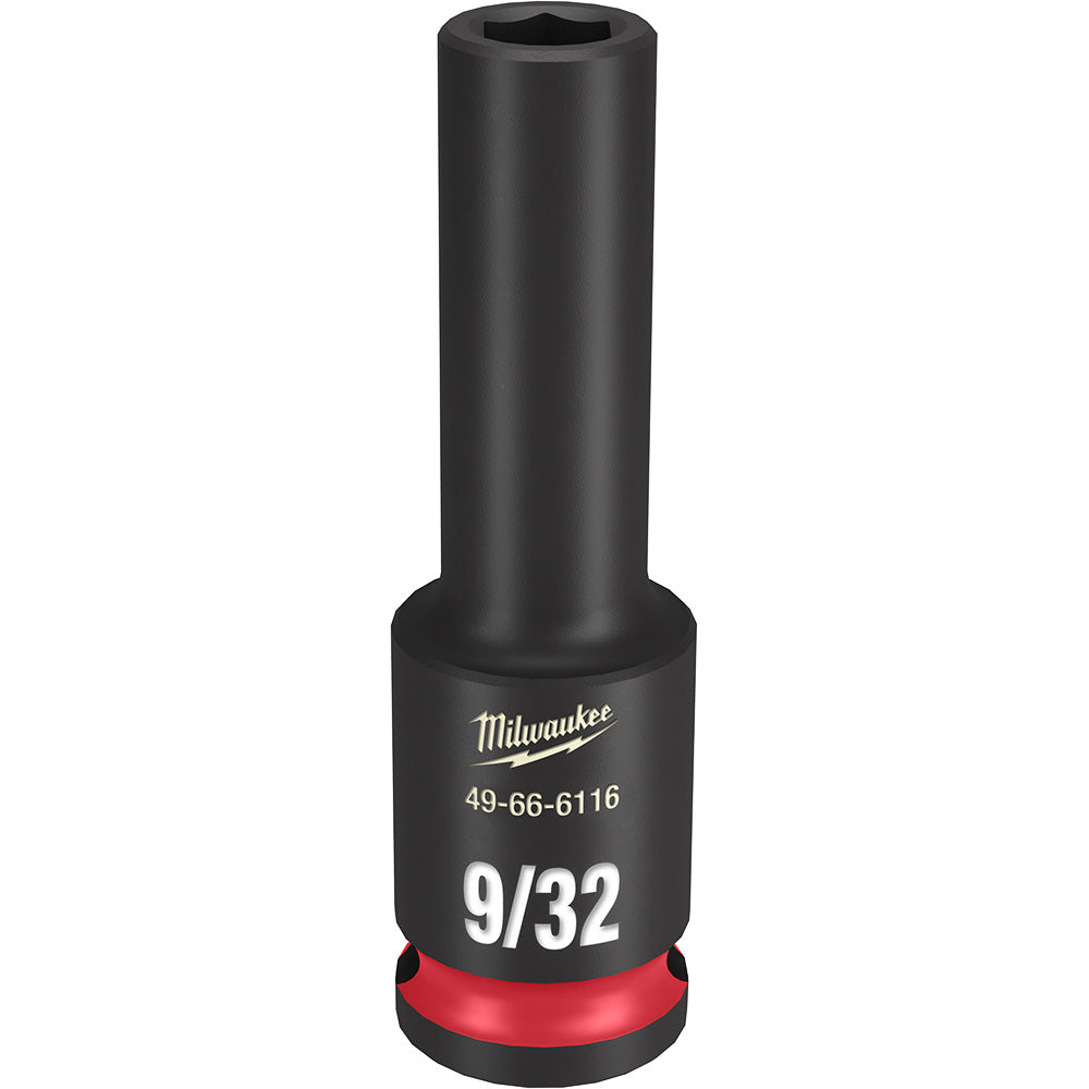 Black Milwaukee deep socket with 9/32" size marking, red grip band, and hexagonal opening for 3/8" drive.