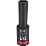 Black Milwaukee deep socket with 9/32" size marking, red grip band, and hexagonal opening for 3/8" drive.