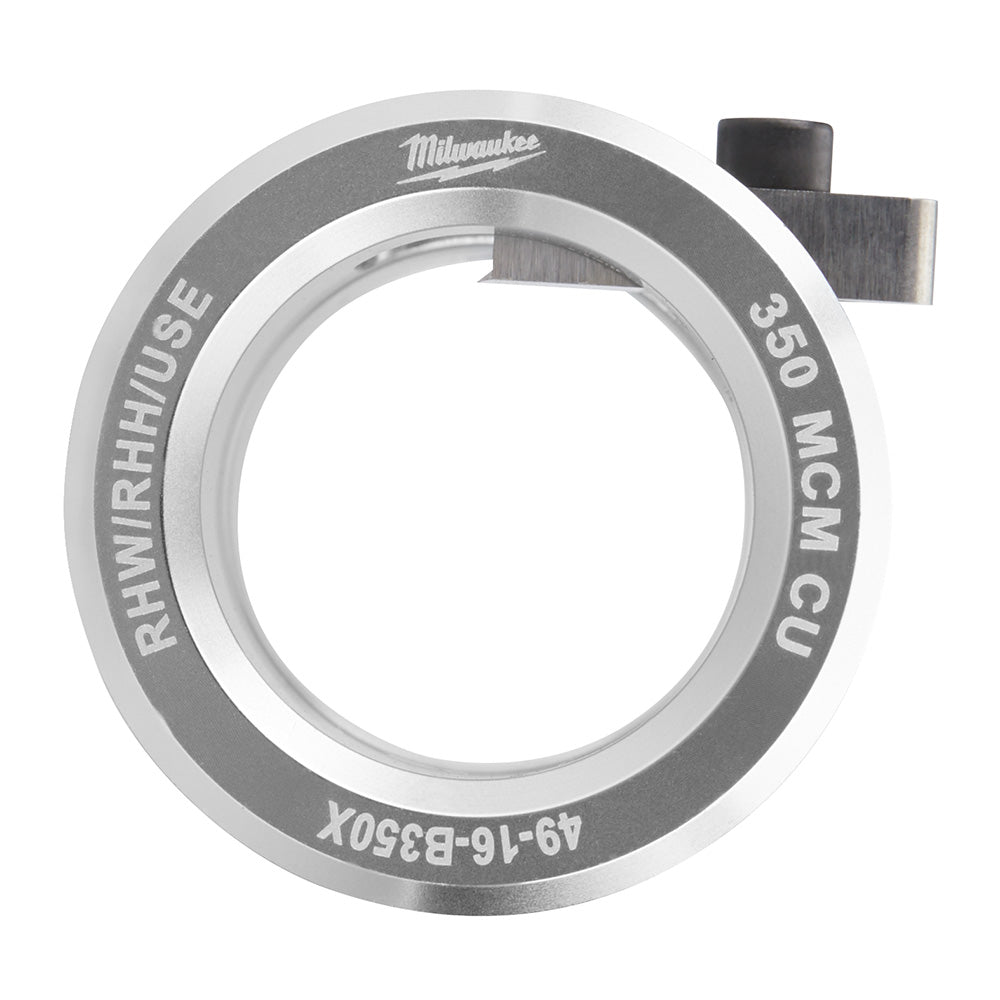 Milwaukee 350 MCM copper wire bushing with gray and silver metal ring and black rubber attachment.