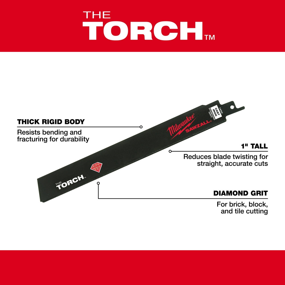 Milwaukee 9-inch Torch SAWZALL blade with diamond grit, thick rigid black body, and mounting tang.