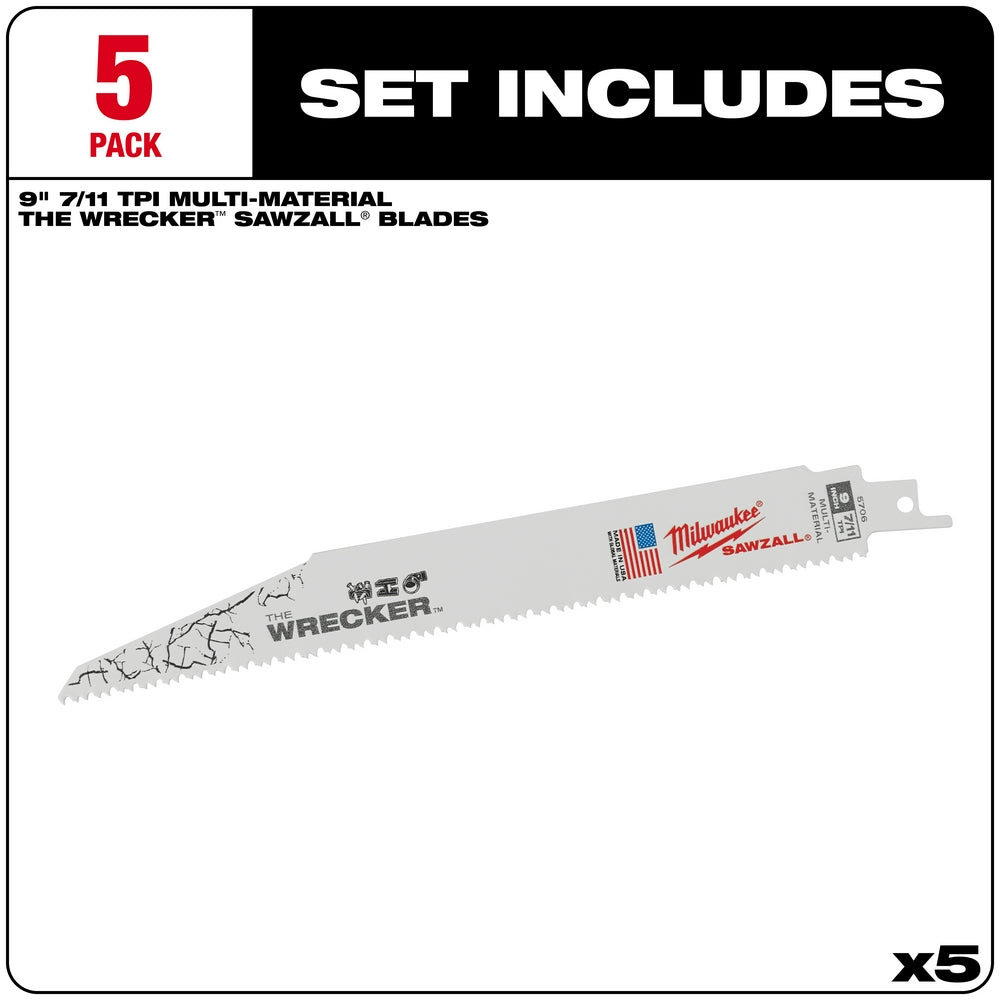 Five 9-inch Milwaukee Wrecker reciprocating saw blades with serrated cutting edge and mounting tab, 7/11 TPI.