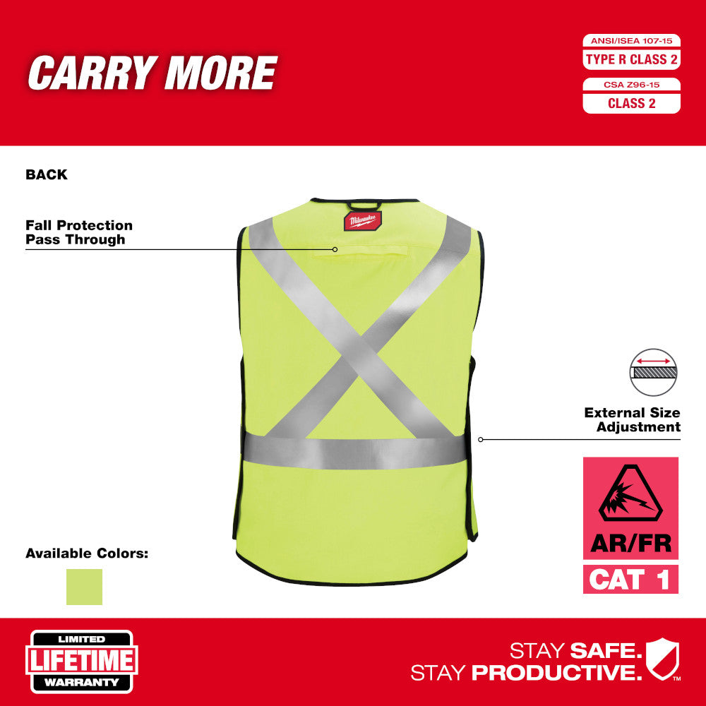 High-visibility yellow safety vest with reflective silver straps in X-pattern and horizontal band, black trim, Milwaukee logo