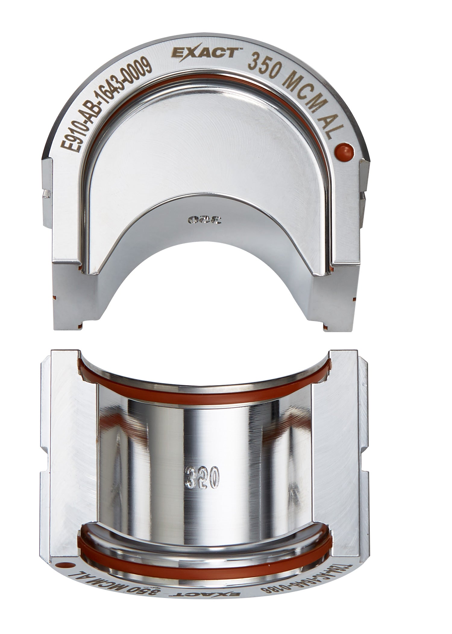 Milwaukee EXACT aluminum U-style die with curved metal housing and red indicator dot, shown from top and bottom angles.