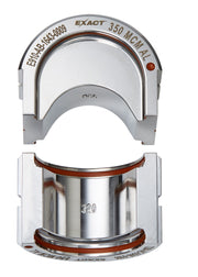 Milwaukee EXACT aluminum U-style die with curved metal housing and red indicator dot, shown from top and bottom angles.